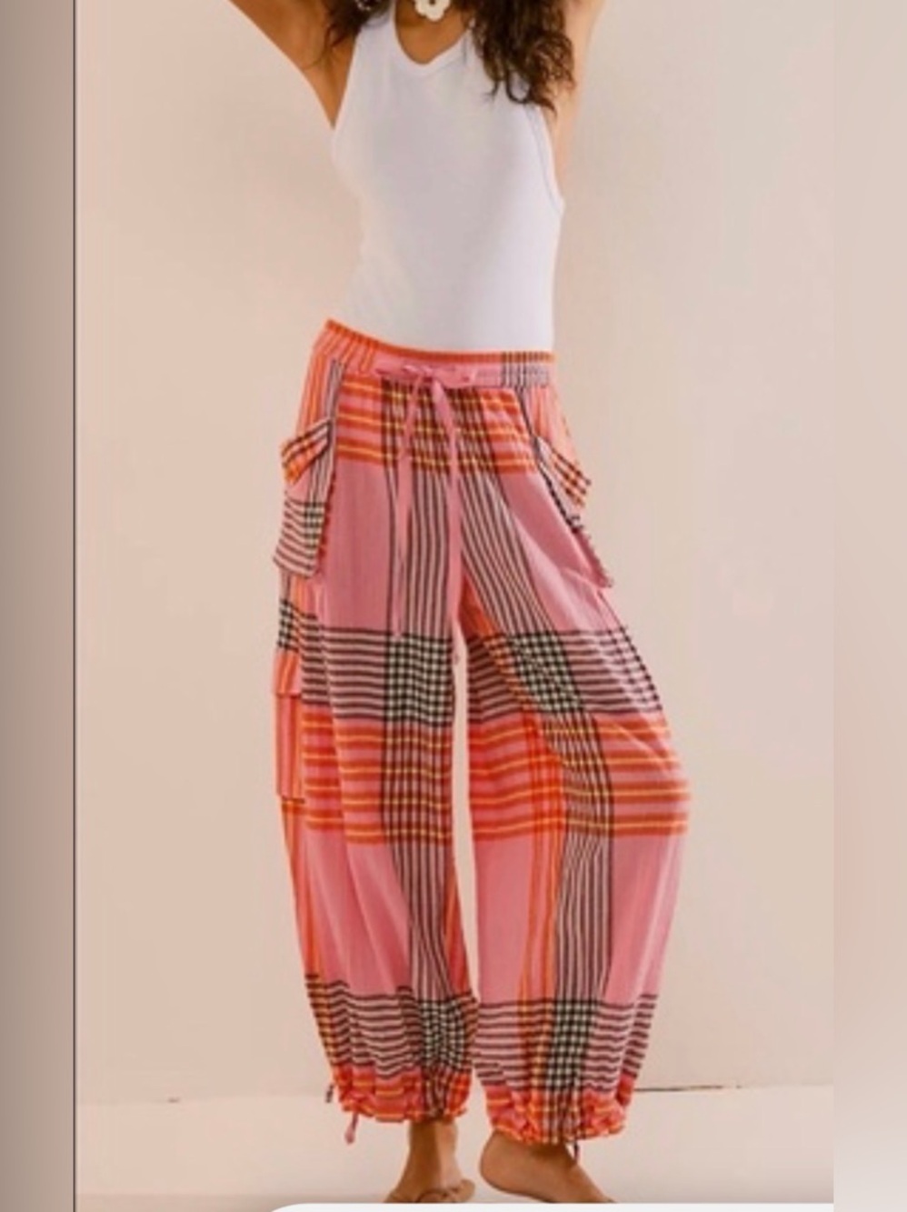 Free People Crafted Cargo Plaid Pant Pink Multi - Size XL